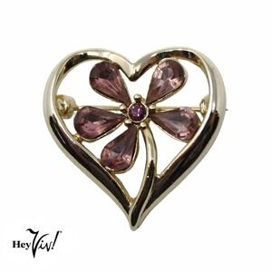 Vintage Monet Heart Pin w Lilac Purple Rhinestone Flower in Middle 1" - Hey Viv